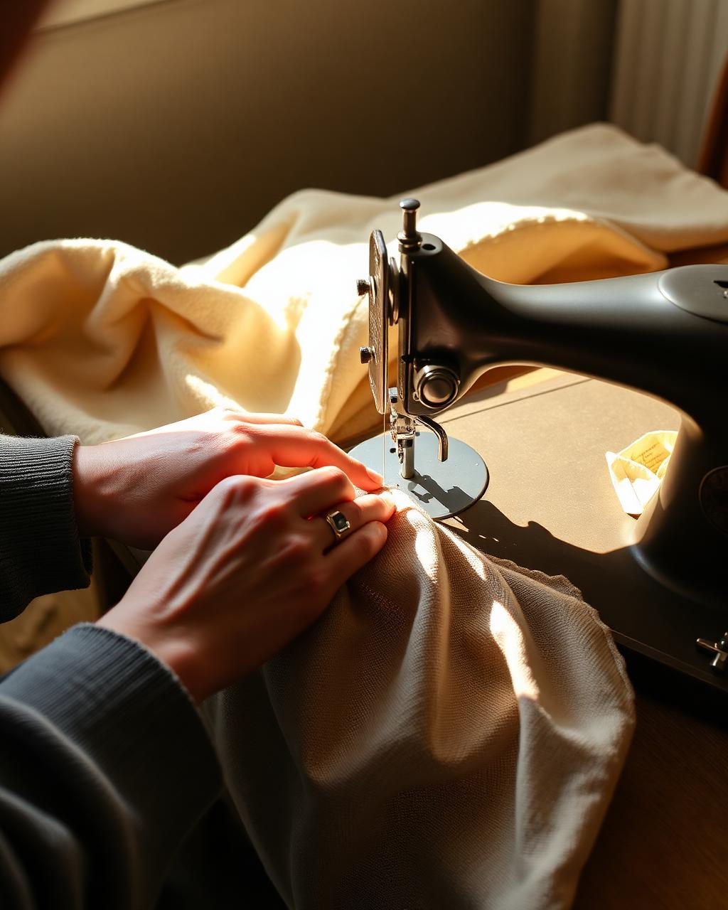 Artisan stitching natural linen on a vintage machine